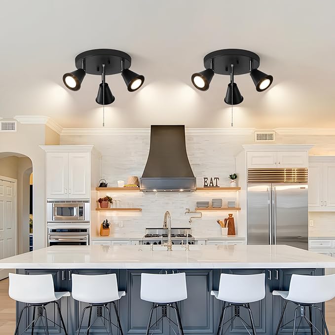 SEEBLEN 3-Light Industrial Directional Track Lighting with Pull Chain On/Off, Black Ceiling Spotlight, Morden Flush Mount Kitchen Light for Hallway,Dining Room,Porch,Office.Gu10 Bulbs Included