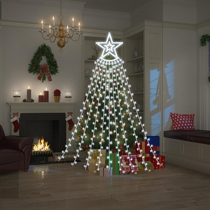 350 LED Christmas Decorations Star String Lights Waterproof Waterfall StarLights 8 Light Modes Remote & Timer,Waterproof Seasonal Lighting Decor for Home Xmas Tree Yard Wedding Party (Cool White)