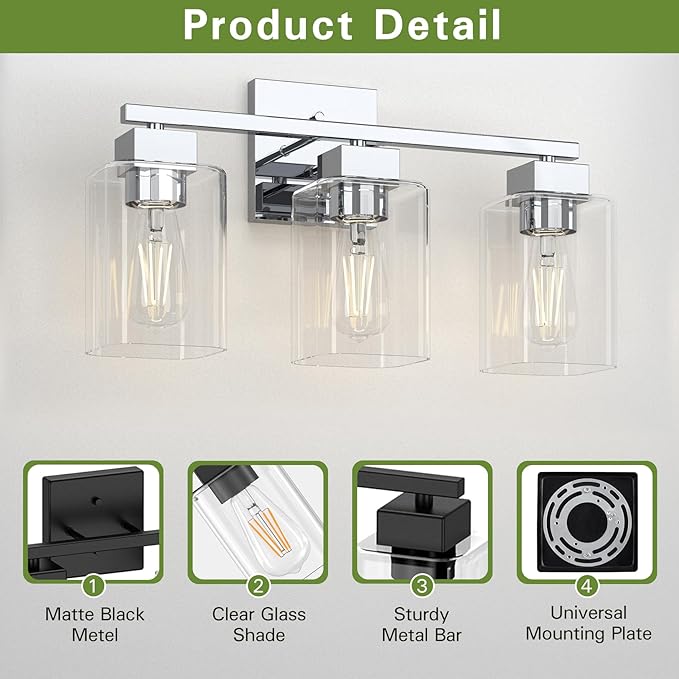 Espird Chrome Bathroom Vanity Light - 3 Light Bathroom Light Fixture Square Design & UL Certification, Bath Room Lighting Fixtures Over Mirror, Modern Vanity Lighting Fixture for Living Room