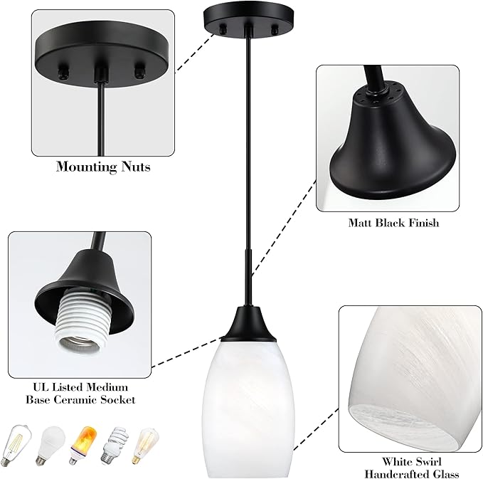 Viinew Mini Glass Pendant Light,4.72" Black White Hanging Lights 3-Pack Handblown White Oval Art Glass Hanging Pendant Light for Kitchen Island,Dining Room,Living,Foyer,Hallway, Entry