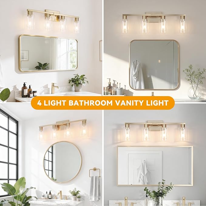 4-Light Bathroom Vanity Light, Modern Brushed Gold Wall Lights with Clear Glass Shades, Bathroom Wall Sconce Lamp for Mirror Living Room Bedroom Hallway