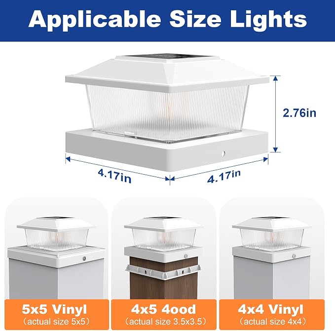 APONUO Solar Post Cap Lights with Flickering Flame & Warm White, 6-Pack for 4x4 Wood/ 5x5 Vinyl Posts, Solar Powered Deck & Fence Lights, Auto On/Off, IP65 Waterproof, Glossy White