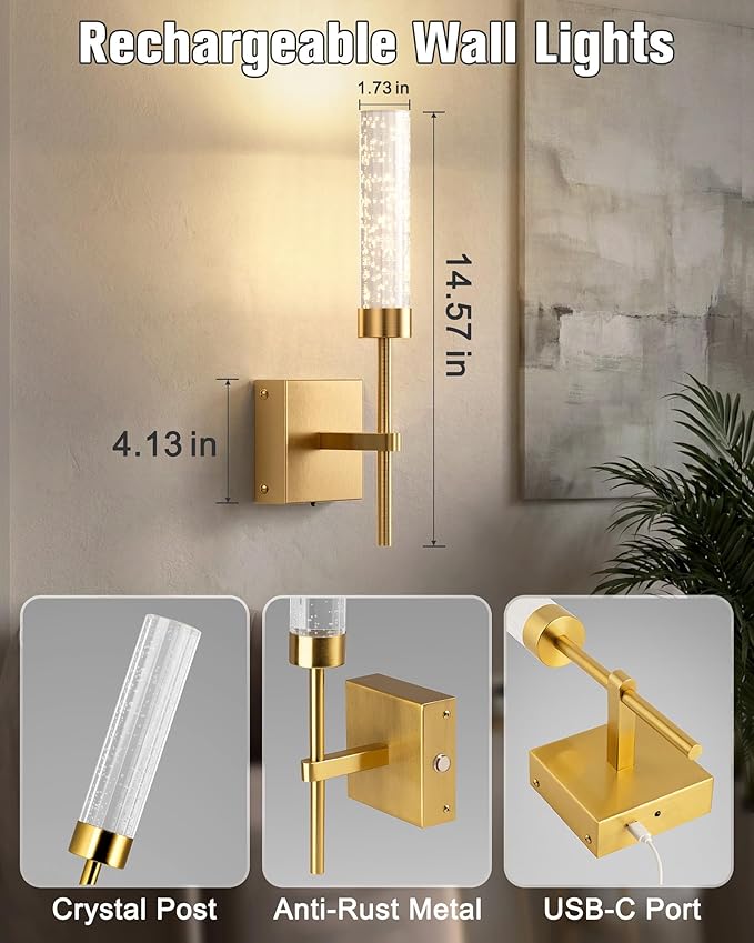 NIORSUN Crystal-Inspired Bubble Wireless Wall Sconces, 10000mAh Battery Operated Wall Sconces Set of 2, 3 Color Temps Rechargeable Wall Lights with Remote, Dimmable Wall Lamp for Living Room Bedroom