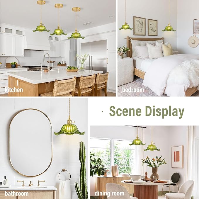 Vintage Pendant Lights Kitchen Island 2 Pack, Adjustable Pendant Light Fixtures with Green Lily Glass Lampshade, Gold Kitchen Pendant Lighting Over Island, Pendant Light for Dining Room Hallway