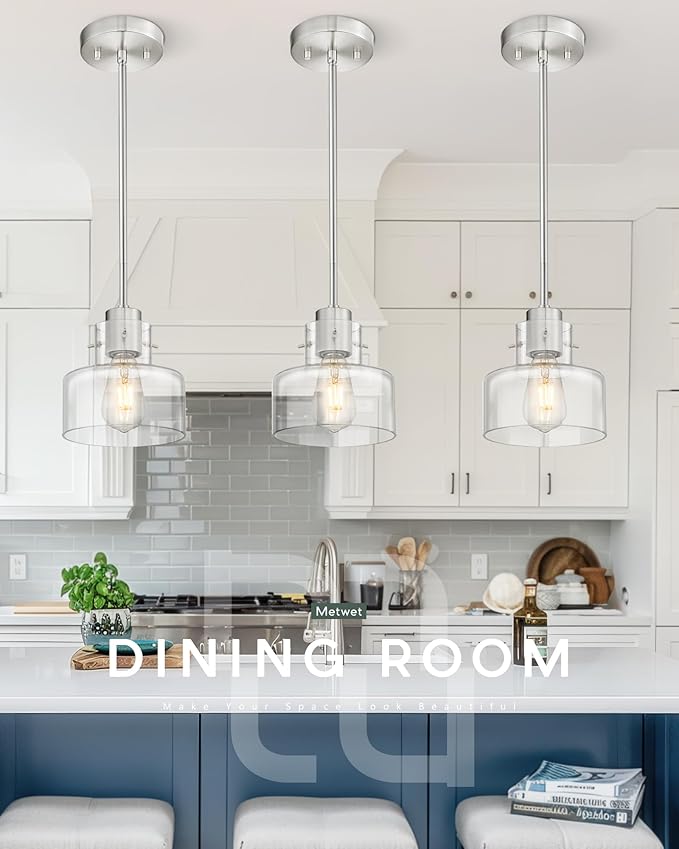 2 Pack Pendant Lights Kitchen Island, 6" Brushed Nickel Pendant Light Fixtures Over Island with Clear Glass Shade, Modern Kitchen Island Lighting for Dining Room Entryway, PL124-BN-G-2PK