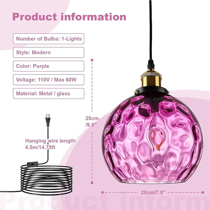 Purple Hanging Lights Plug in Pendant Lights Handblown Glsss Chandelier Plug in Light with Ceiling, Purple Glass Pendant Light for Kitchen Island, Dining Room, E26, No Bulb, 2 Pack