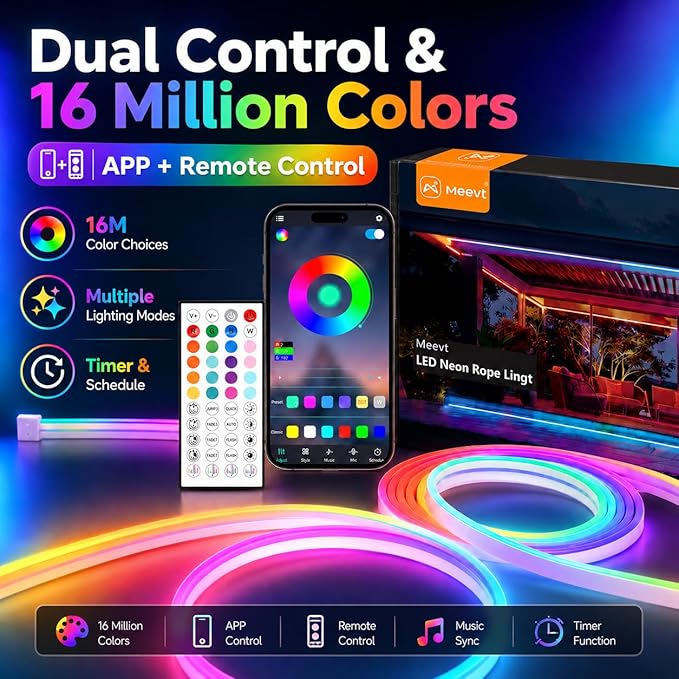Neon Rope Lights - 66Ft Flexible LED Rope Lights,24V RGB Rope Lights Control with App/Remote Multiple Modes,DIY Design, IP65 Waterproof Strip Lights for Bedroom Room Outdoors Decor(33FT*2)