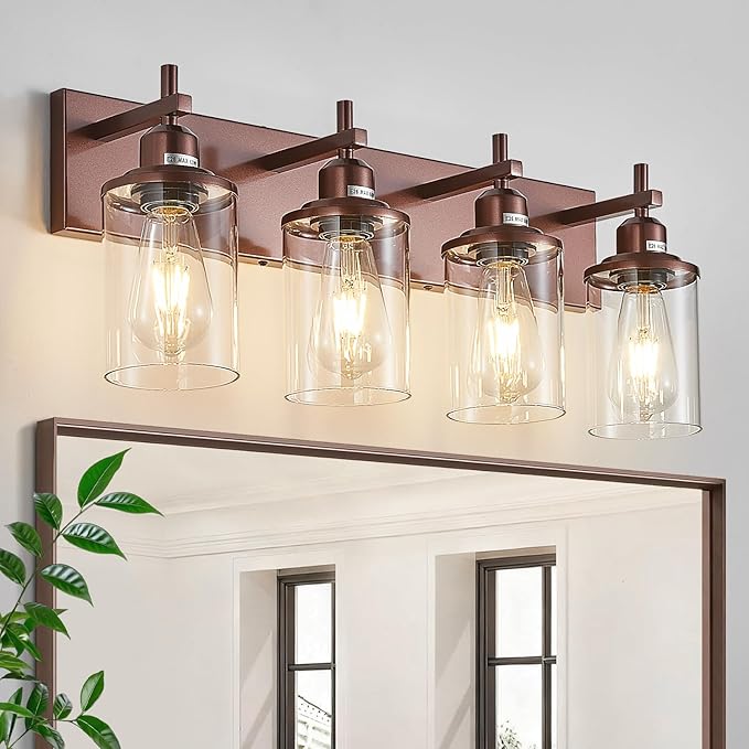 Lanhall 4-Light Bronze Bathroom Light Fixtures Over Mirror, Modern Bathroom Vanity Light with Clear Glass Shade, Wall Sconce for Bathroom Hallway Cabinet Bedroom