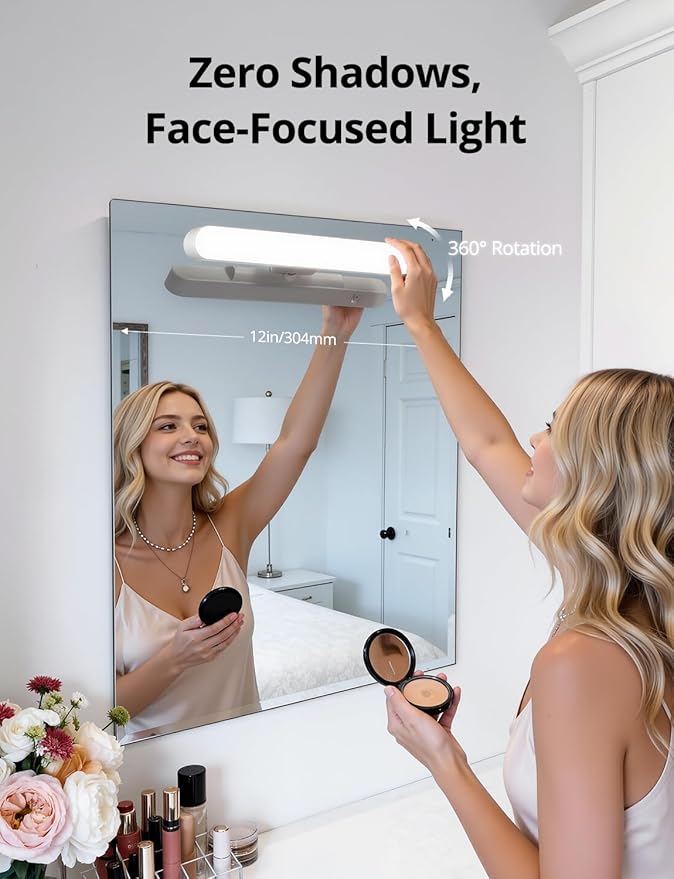 Combuh 2 Pack Battery Operated Bathroom Mirror Lights Bar for Vanity Stick on, Rechargeable 14 Days Extended Battery Life Bright Make up Lighting Cordless 360° Adjustable Luces para Espejo for Desk