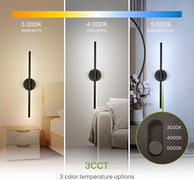 ASD LED 24" Linear Tube Wall Sconce, Modern Bathroom Light Bar | 3CCT, Dual 360° Rotatable, Dimmable, ETL Listed | 8W 666LM 3000-5000K 100-277V | Bedroom, Hallway Vanity Lighting | Black, 2 Pack