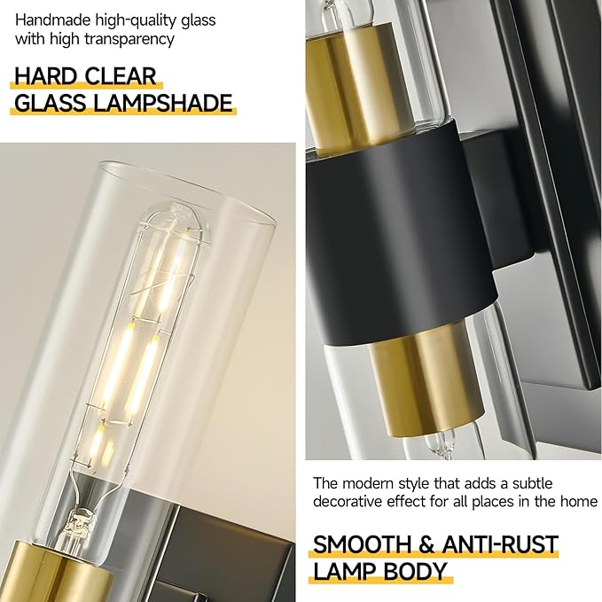 19" Black and Gold Wall Sconces Set of Two,Modern Bathroom Light Fixtures,2-Light Vanity Lights for Mirror,Indoor Wall Lamp Wall Mount Hardwired Light for Bedroom with Clear Glass E26 Base