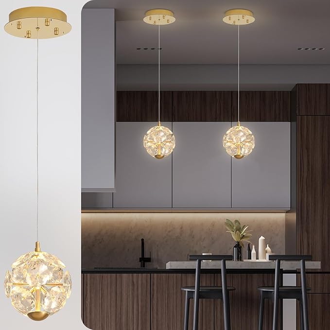 ykolupty Pendant Lights Kitchen Island Crystal Globe Chandelier LED Gold Island Light Crystal Pendant Light for Dining Foyer Entrance