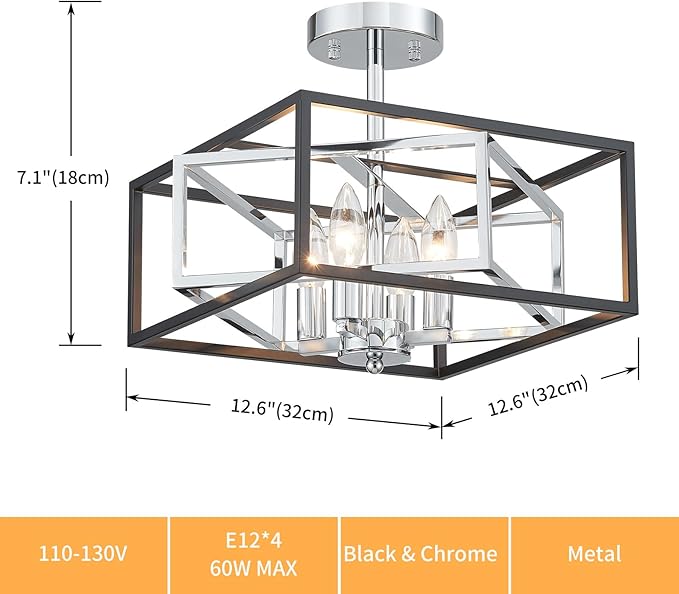 Square Ceiling Light, 4-Light Flushmount Modern Close to Ceiling Light Fixture for Living Room, Bedroom, Dining Room, L13 x W13 x H10 inch, Black & Silver Finish Frame