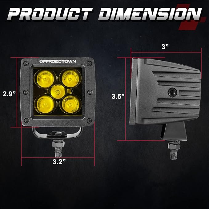 OFFROADTOWN Yellow LED Pods, 100W 2PCS 3 Inch CREE LED Cubes Light Spot Beam Off Road Driving Lights LED Pod Lights Square Led Cubes Yellow Fog Light Ditch Lighting for Trucks UTV ATV SUV Surron Boat