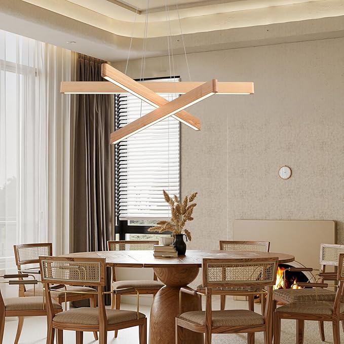 3-Light Solid Wood Natural Linear Pendant Light Modern LED Pendant Light Dimmable Chandelier for Dining Room Table Kitchen Island Living Room Ceiling - 45W Warm Light Adjustable Hanging Fixture