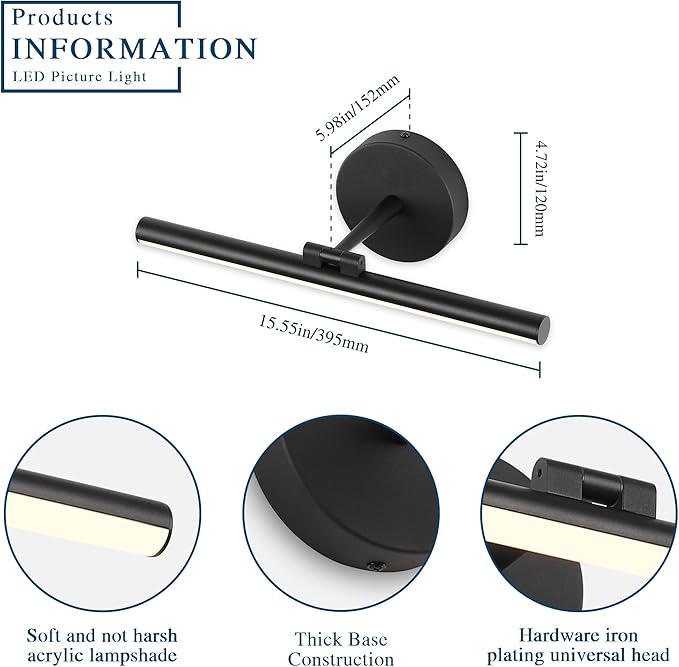 Hardwired Adjustable Lighting Matte Black Modern LED Picture Lights for Paintings 15.7'' Inch Long Swing Arm Metal Art Lights Warm White 3000K