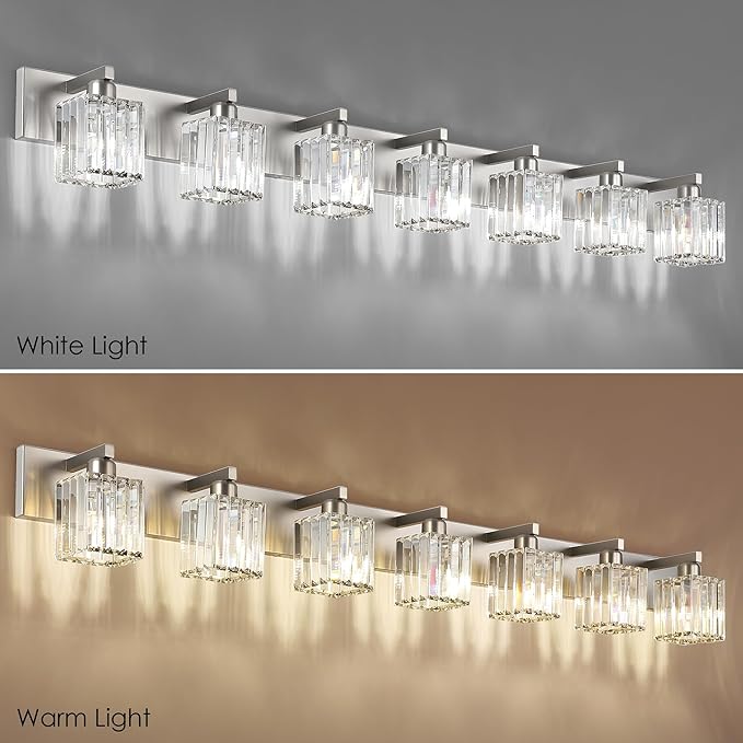 Aipsun Brushed Nickel Bathroom Light Fixtures Crystal Vanity Lighting Fixture Modern Bathroom Vanity Light 7 Light (Exclude Bulb)