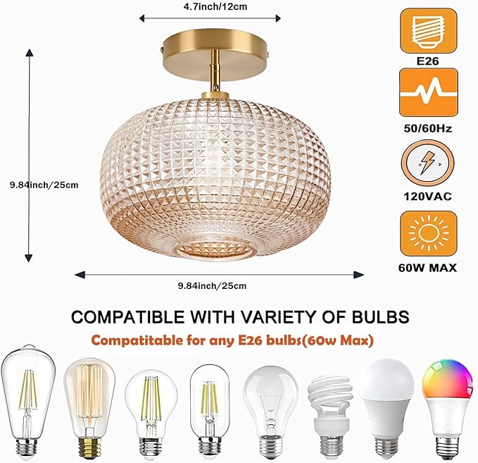 Semi Flush Mount Ceiling Light,Vintage Small Ceiling Light Fixture,Hallway Lighting Fixture with Amber Glass Shade,Art Deco Kitchen Lighting Fixtures Ceiling for Bedroom,Bathroom,Porch