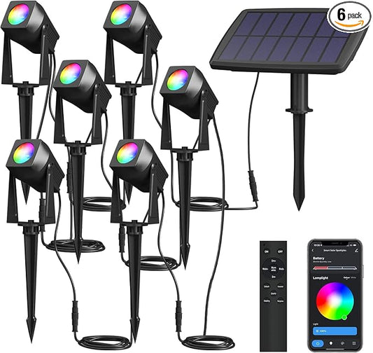 Solar Smart Bluetooth Landscape Spotlights 6 Pack, RGBW Landscape Light, Solar Spot Lights Outdoor, Solar Outdoor Uplights for Garden Trees Yard Landscape