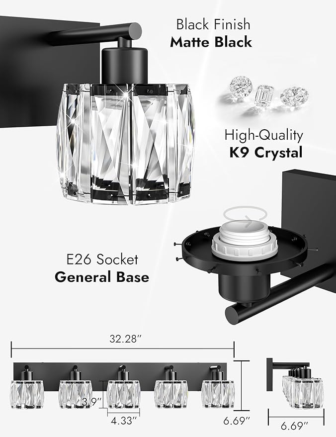 VOLISUN Crystal Vanity Lights for Bathrooms, 5 Light Bathroom Vanity Light, Modern Matte Black Bathroom Light Over Mirror, Black Bathrooms Lights Fixtures-UL Certificated(Exclude Bulb)