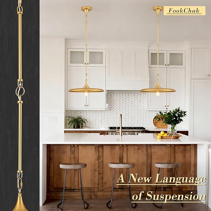 Gold Pendant Light 15.7in Pendant Lights Kitchen Island Pendant Light Fixture with Adjustable Brass Gold Modern Pendant Lighting for Dining Room Kitchen Sink, E26