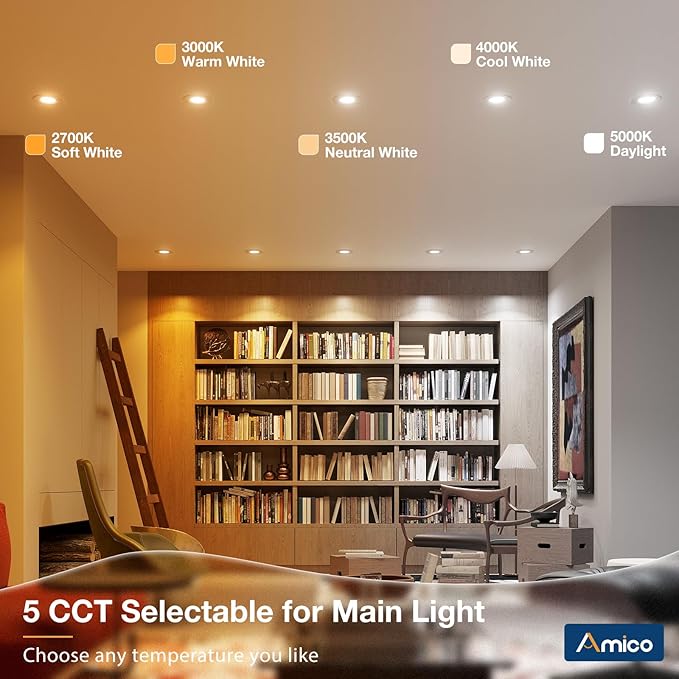 Amico 12 Pack 4 inch 5CCT LED Recessed Lighting with Night Light, 8W=60W, 700LM Can Lights with Baffle Trim, Dimmable, Retrofit Downlight, 2700K/3000K/3500K/4000K/5000K Selectable - ETL & FCC