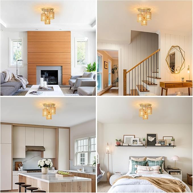 3-Lights Boho Light Fixtures - Farmhouse Rattan Light Fixture with Woven Cage Shade, Gold Semi Flush Mount Ceiling Lights for Bedroom, Kitchen, Hallway