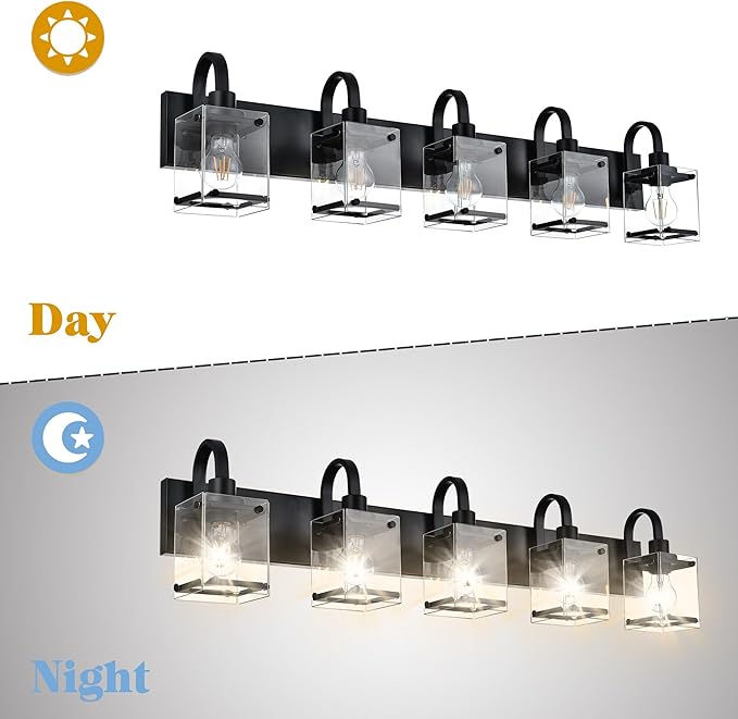 5 Light Vanity Light Bathroom Lighting Fixtures,Black Cage Vintage Wall Sconces Lighting,40.2 Inch Bath Wall Mounted Lights with Clear Glass Shade Bathroom Vanity Light for Living Room