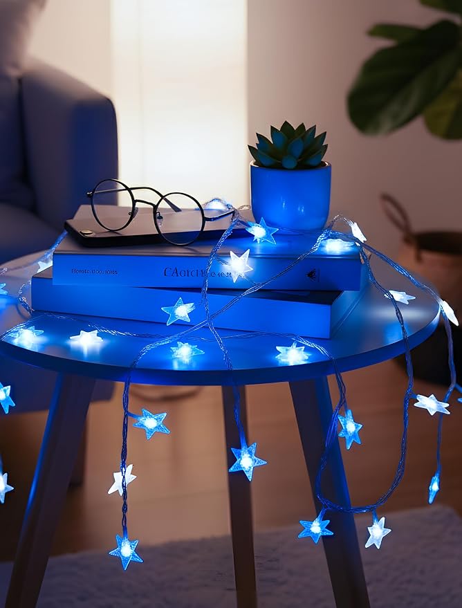 Star String Lights Plug in,39ft 100LED Fairy Lights with Remote, Hanging Star Decorations Lights Waterproof for Indoor Outdoor Bedroom Classroom Dorm Kids Tent Party Decor,Blue White