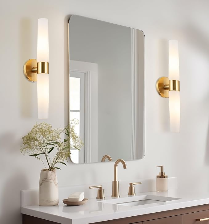 Kira Home Duo 21" Modern Gold Wall Sconce with Frosted Glass Cylinder Shades, Linear 2-Light Gold Wall Light, Cool Brass Finish