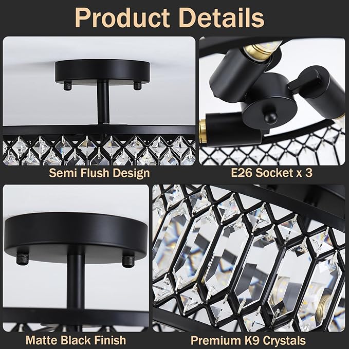 16" Black Crystal Ceiling Light, 3-Light Modern Semi Flush Mount Ceiling Light Fixture, Round Crystal Chandelier for Dining Room Bedroom Living Room Kitchen Hallway, E26 Sockets