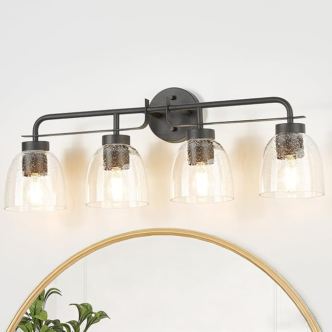 28 Inch Vanity Lights, 4-Light Black Modern Industrial Bathroom Light Fixtures with Vintage Bell Bubble Glass Shade, Wall Sconce for Bathroom Mirror, Bedroom, Hallway