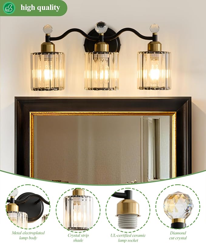 Modern Crystal Bathroom Vanity Light,Balck and Gold 3-Lights Bathroom Light Fixtures, Vanity Light Fixtures Over Mirror, Glass Wall Sconce Light for Bedroom, Kitchen, Living Room, Gallery, E26 Base