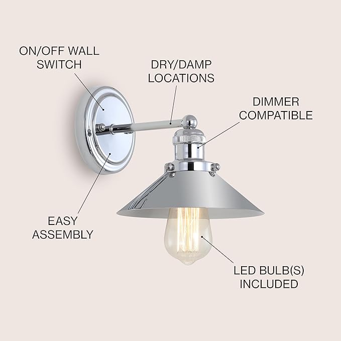 JONATHAN Y 7.8" Chrome 1-Light Industrial Farmhouse Metal Vanity Light Wall Sconce, Metal Shade for Bathroom Mirror, Kitchen, Entryway, LED Bulb Included JYL7423A