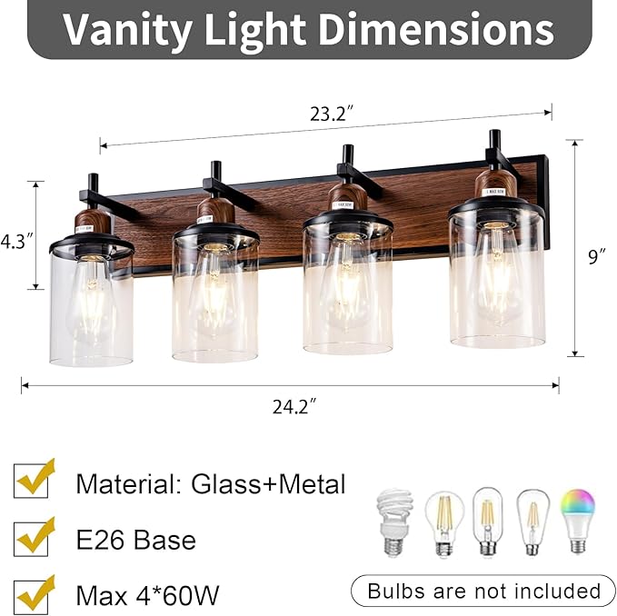 Lanhall 4-Light Farmhouse Bathroom Light Fixtures Vintage Bathroom Vanity Lights Over Mirror Black and Wood Painted Metal Vanity Light for Bathroom with Glass Shades E26 Socket