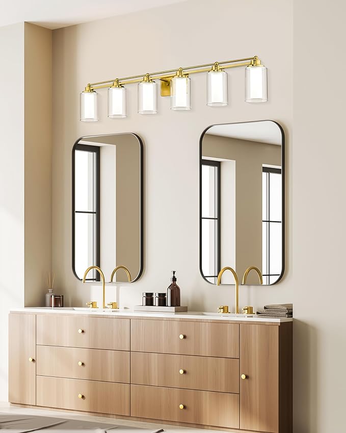 Bathroom Vanity Light Fixtures 6 Light, HWH Brushed Gold Vanity Light Over Mirror, Brass Wall Vanity Lights, 36W 5CCT LED Dimmable Bathroom Light, 5HLT63B-6W-LED BG