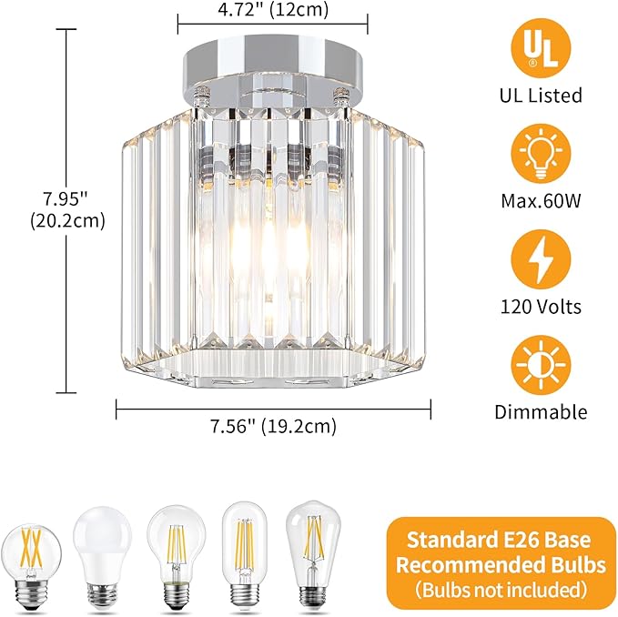 TOULMJ 2 Pack Chrome Semi Flush Mount Ceiling Light, Modern Crystal Hallway Light Fixtures Kitchen Lighting Close to Ceiling Lights for Bathroom Entryway Bedroom Foyer Laundry Room