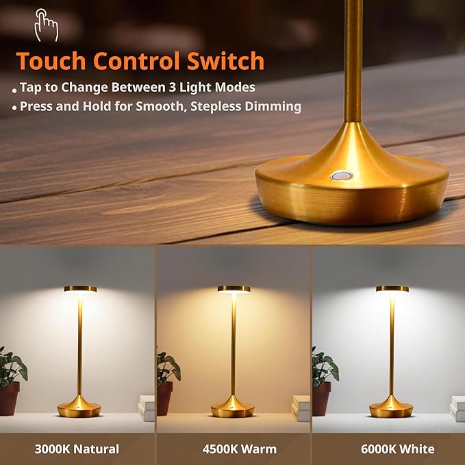 Gold Cordless Table Lamp, Rechargeable 6000mAh Battery LED Desk Lamp, Portable Metal Touch Lamp with 3-Level Dimming, Waterproof Light for Restaurant, Dining Table, Patio, Home Decor (2 Gold)