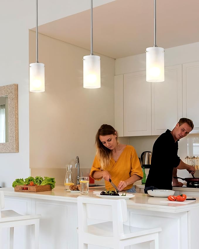 Mini Pendant Light Fixture 1-Light, 2 Pack Brushed Nickel Hanging Ceiling Lights with Opal White Glass, Adjustable Height, Modern Hanging Pendant Lamp for Kitchen Island