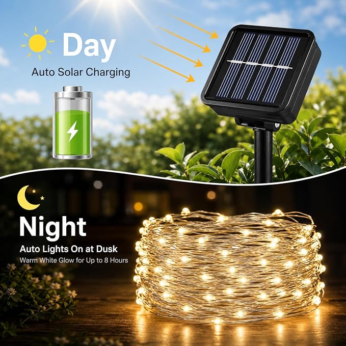 ALENEY Solar String Lights Outdoor, 33 Feet 100 LEDs 8 Modes Solar Fairy Lights for Outside, Waterproof Outdoor Light for Patio Yard Christmas Tree Halloween Wedding Party Decorations, Warm White