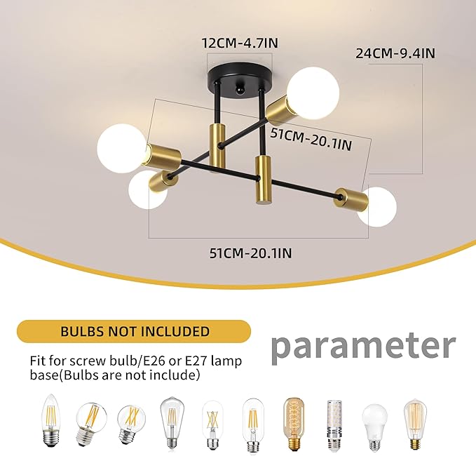 Garwarm 2 Pack 4-Light Industrial Semi Flush Mount Sputnik Ceiling Light Fixture, Black and Gold Modern Sputnik Chandelier for Porch Bedroom Hallway Kitchen Farmhouse
