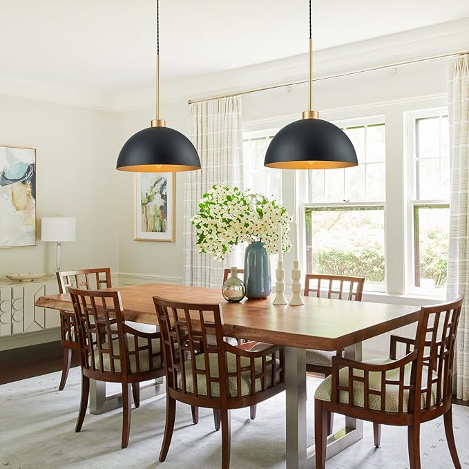 2 Pack Farmhouse Kitchen Island Pendant Lights, Black and Gold Dome Pendant Light Fixture with Metal Shade, Industrial Hanging Lighting for Dining Room Entryway Foyer, Height Adjustable