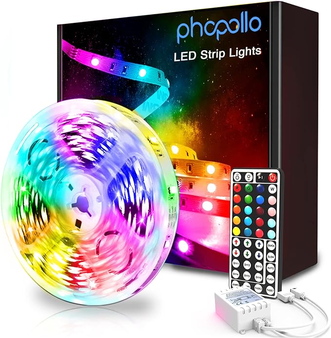 phopollo Led Strip Lights Color Changing 16.4ft Flexible 5050 RGB Led Lights Kit with Power Supply and 44 Keys Remote