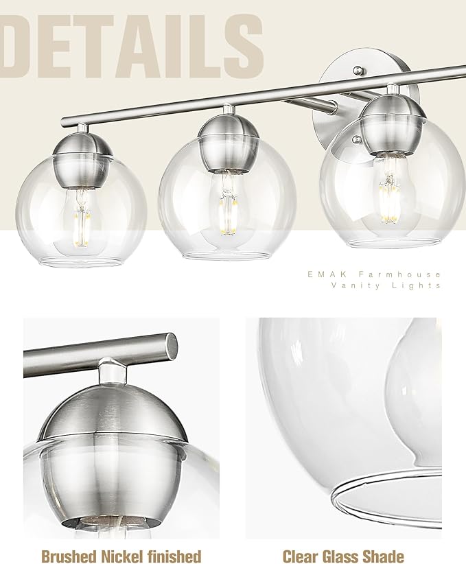 Emak mak 4-Light Bathroom Vanity Light, 29 Inch Brushed Nickel Bathroom Light, Globe Vanity Lighting with Clear Glass Shade for Bath, VL114-BN-4