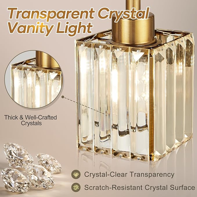 Torondo Modern Crystal Bathroom Vanity Light 4-Lights Brushed Gold Bathroom Light Fixtures Over Mirror Brushed Gold Vanity Lighting Fixtures Square Shade Brass Wall Sconce (Bulbs Not Include)