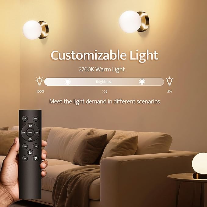Battery Operated Wall Sconce Set of 2, Dimmable Wireless Gold Wall Lamp with 14000mAh Rechargeable Battery, Portables Cordless Wall Light Fixtures for Painting Living Room Bedroom Bathroom