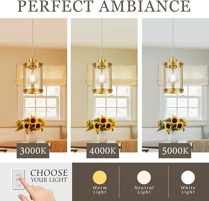Brushed Gold Pendant Lights Kitchen Island, 1-Light Modern Brass Mini Hanging Light Fixtures with Clear Glass, Farmhouse Kitchen Pendant Lighting Over Island for Sink, OS-3014-1PBG