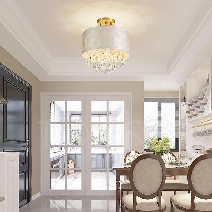 12inch 3-Light Capiz Shell Crystal Ceiling Light, Coastal Design Semi-Flushmount Drum Light Fixture for Hallway, Living Room, Bedroom, Clear Crystal & Shell Lampshade & Gold Finish Frame