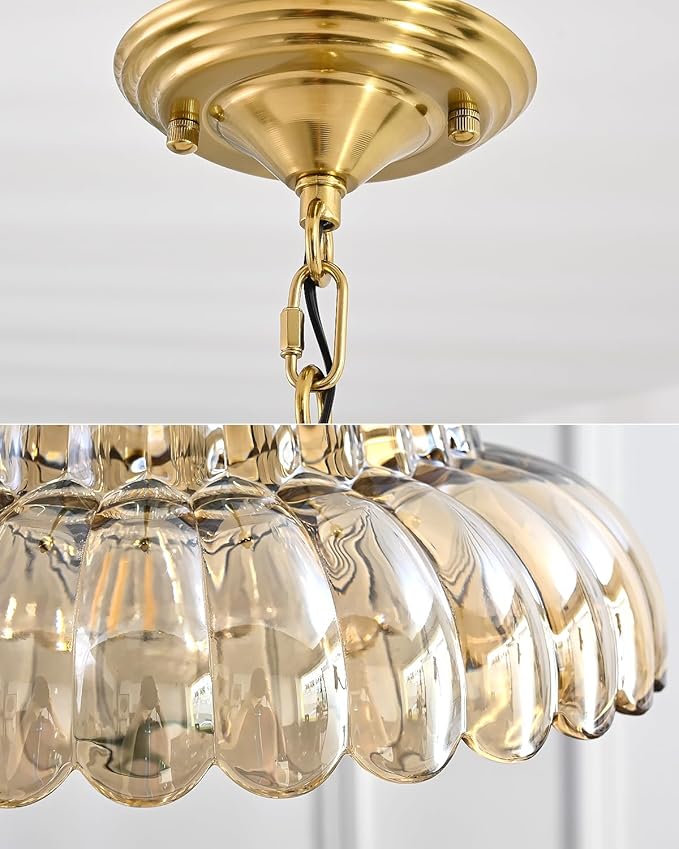 Elegant Amber Glass Pendant Lamp with Gold Base, Modern Chic Lighting Fixture for Living Room, Bedroom, and Office