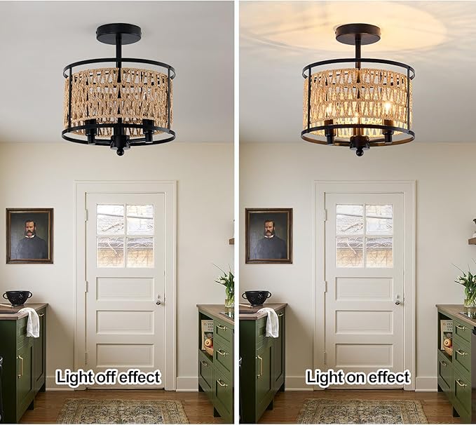 3 Light Rattan Ceiling Light Fixture 11inch Boho Semi Flush Mount Ceiling Light Black Hand-Woven Cage Wicker Chandelier for Farmhouse Bedroom Hallway Entryway Kitchen